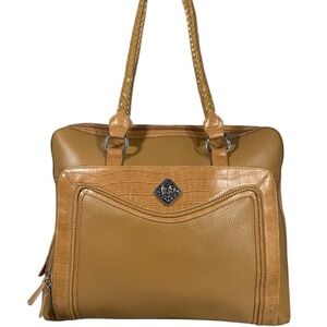 Tan Embossed Western Style Shoulder Tote Purse Document File Bag Silver Hardware